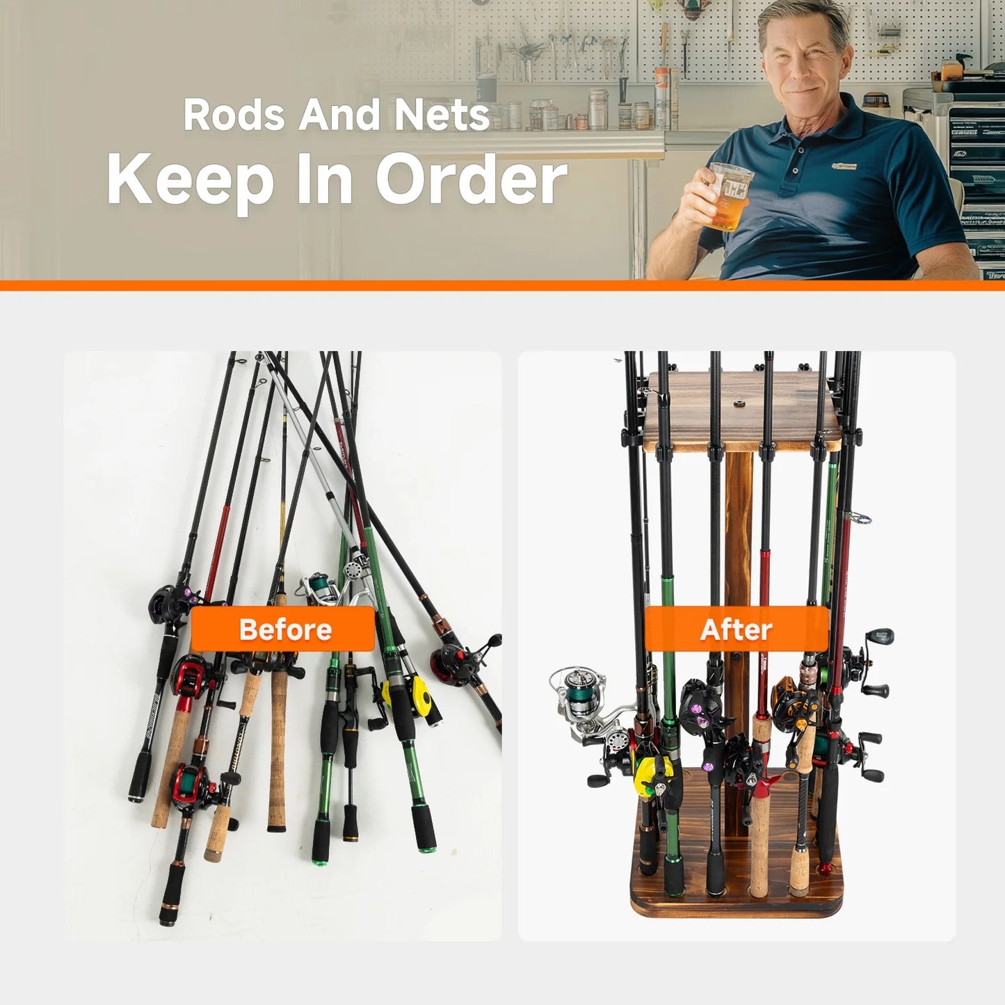 Wooden Fishing Rod Rack Organizer, 360° Rotating Storage Holder for 16 Rods