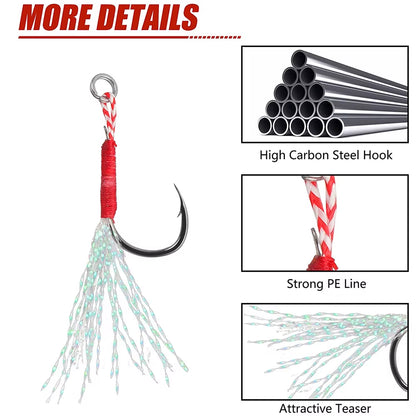 50PCS Assist Hooks for Slow Jigging – Barbed Metal Fishhooks with Teaser Feather for Saltwater Fishing