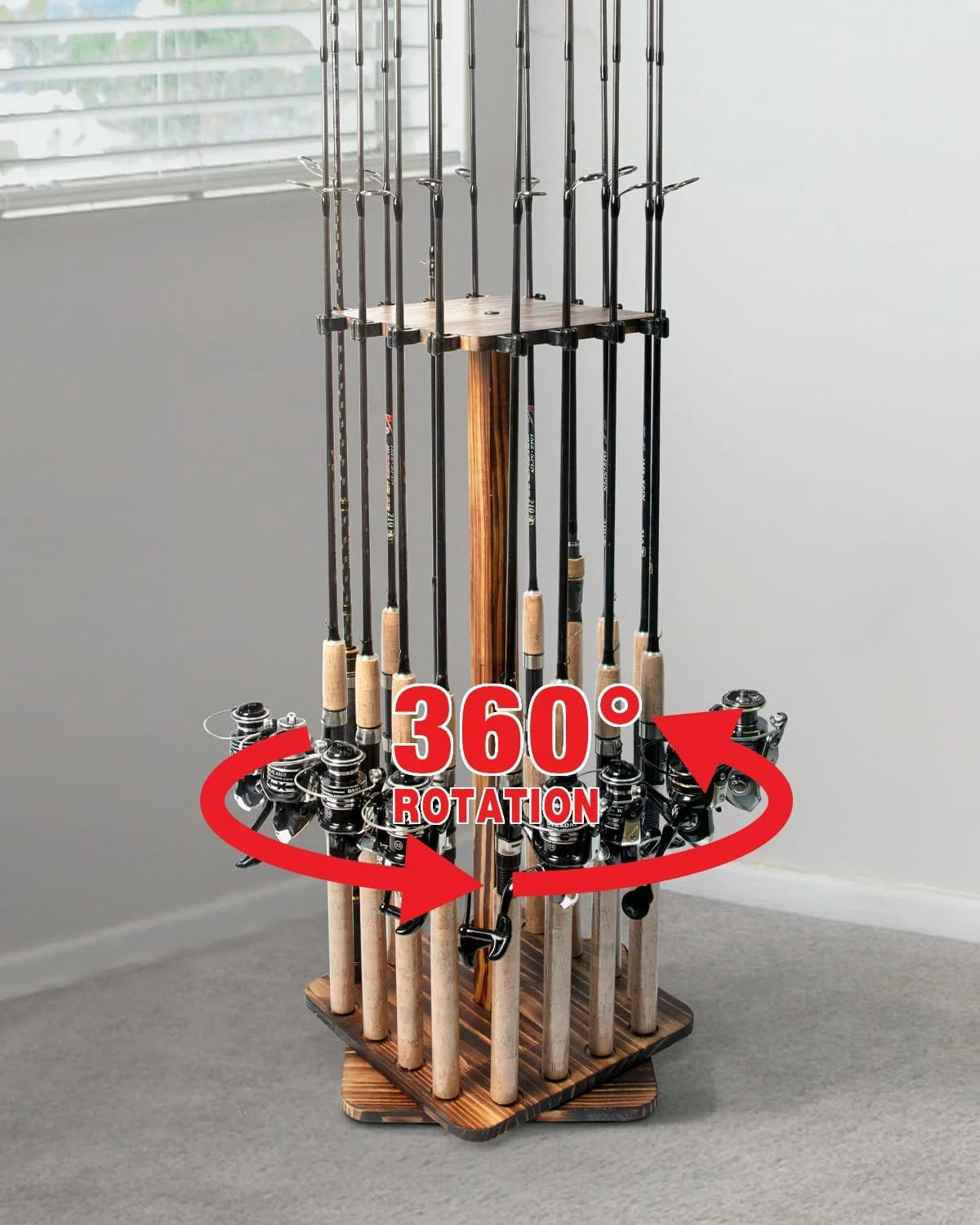 Wooden Fishing Rod Rack Organizer, 360° Rotating Storage Holder for 16 Rods