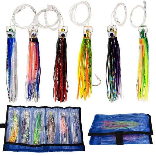 6PCS Fishing Lures 6.5” Silicone Skirt Trolling Baits for Marlin, Tuna, Mahi, Octopus, Squid – Big Game High Carbon Steel Lures