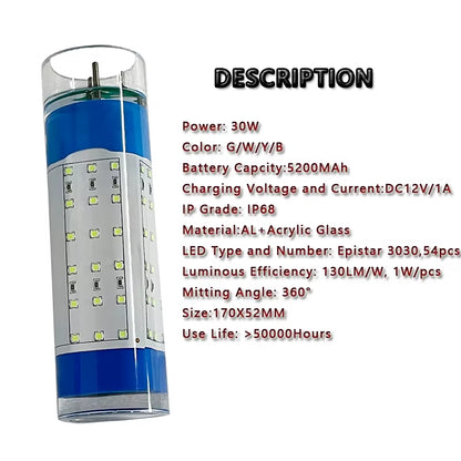 30W/50W Rechargeable Wireless LED Underwater Fishing Light – Green/White for Saltwater