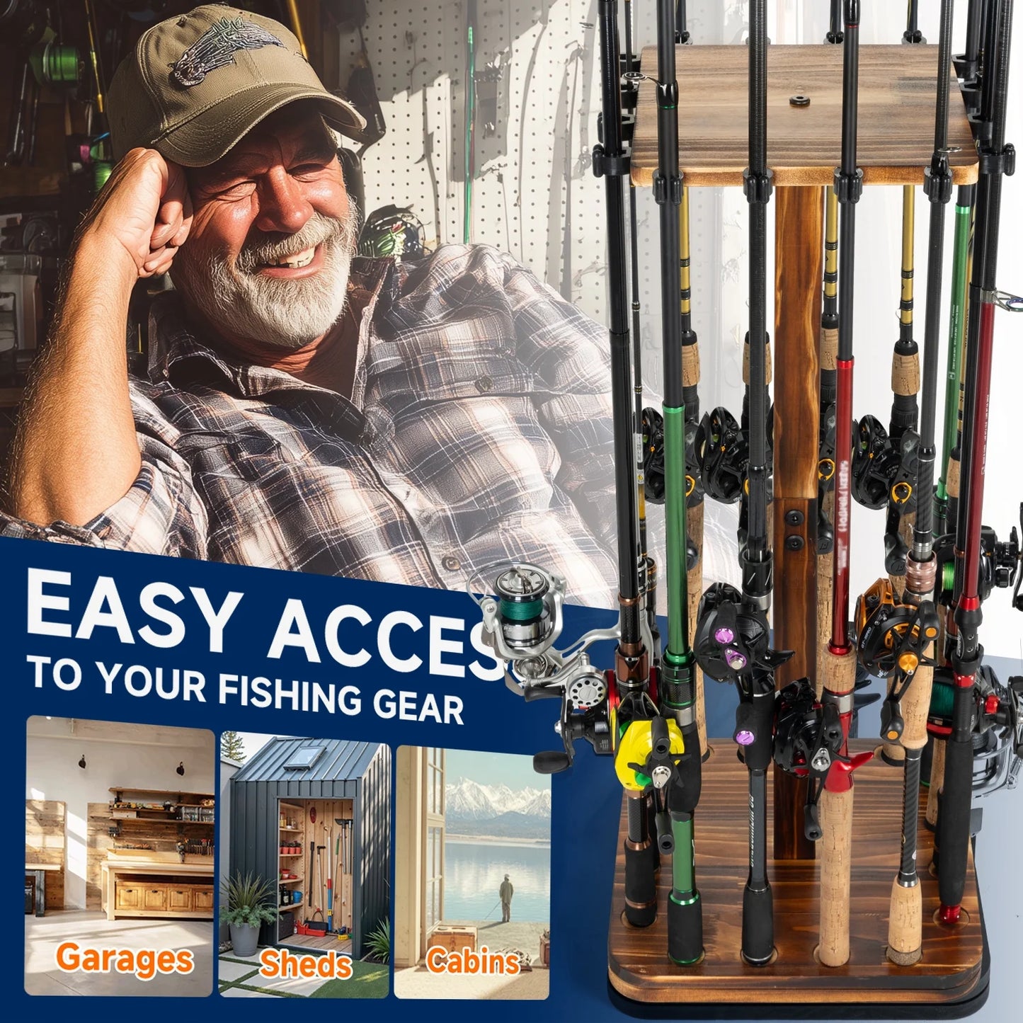 Wooden Fishing Rod Rack Organizer, 360° Rotating Storage Holder for 16 Rods