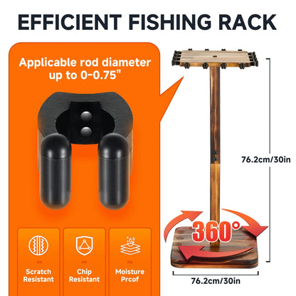 Wooden Fishing Rod Rack Organizer, 360° Rotating Storage Holder for 16 Rods