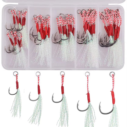 50PCS Assist Hooks for Slow Jigging – Barbed Metal Fishhooks with Teaser Feather for Saltwater Fishing