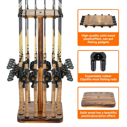 Wooden Fishing Rod Rack Organizer, 360° Rotating Storage Holder for 16 Rods
