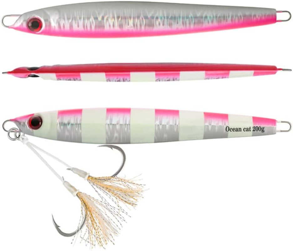 1PC Slow Fall Pitch Fishing Lure – Sinking Lead Metal Flat Jig with Hook for Saltwater Fishing, 4 Colors, 160g/200g