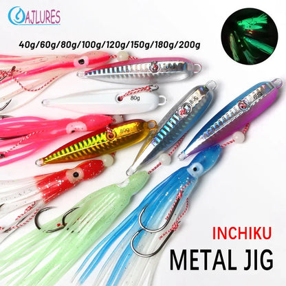 1Pcs Inchiku Jig Lures 40G-200G Slow Metal Jig Luminous Squid Hook, Saltwater Fishing for Kingfish Snapper Grouper