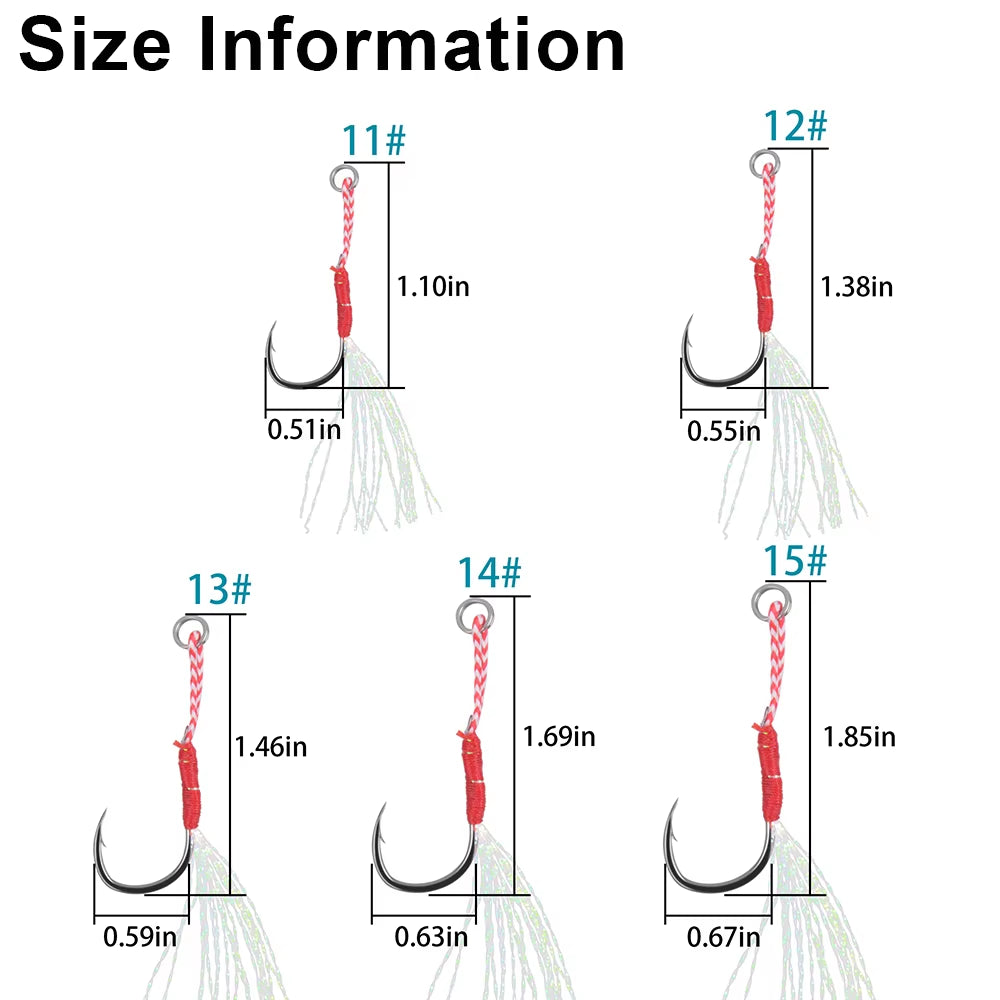 50PCS Assist Hooks for Slow Jigging – Barbed Metal Fishhooks with Teaser Feather for Saltwater Fishing
