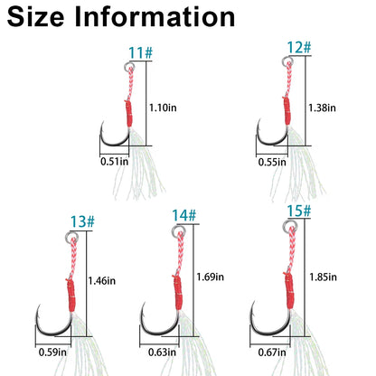 50PCS Assist Hooks for Slow Jigging – Barbed Metal Fishhooks with Teaser Feather for Saltwater Fishing