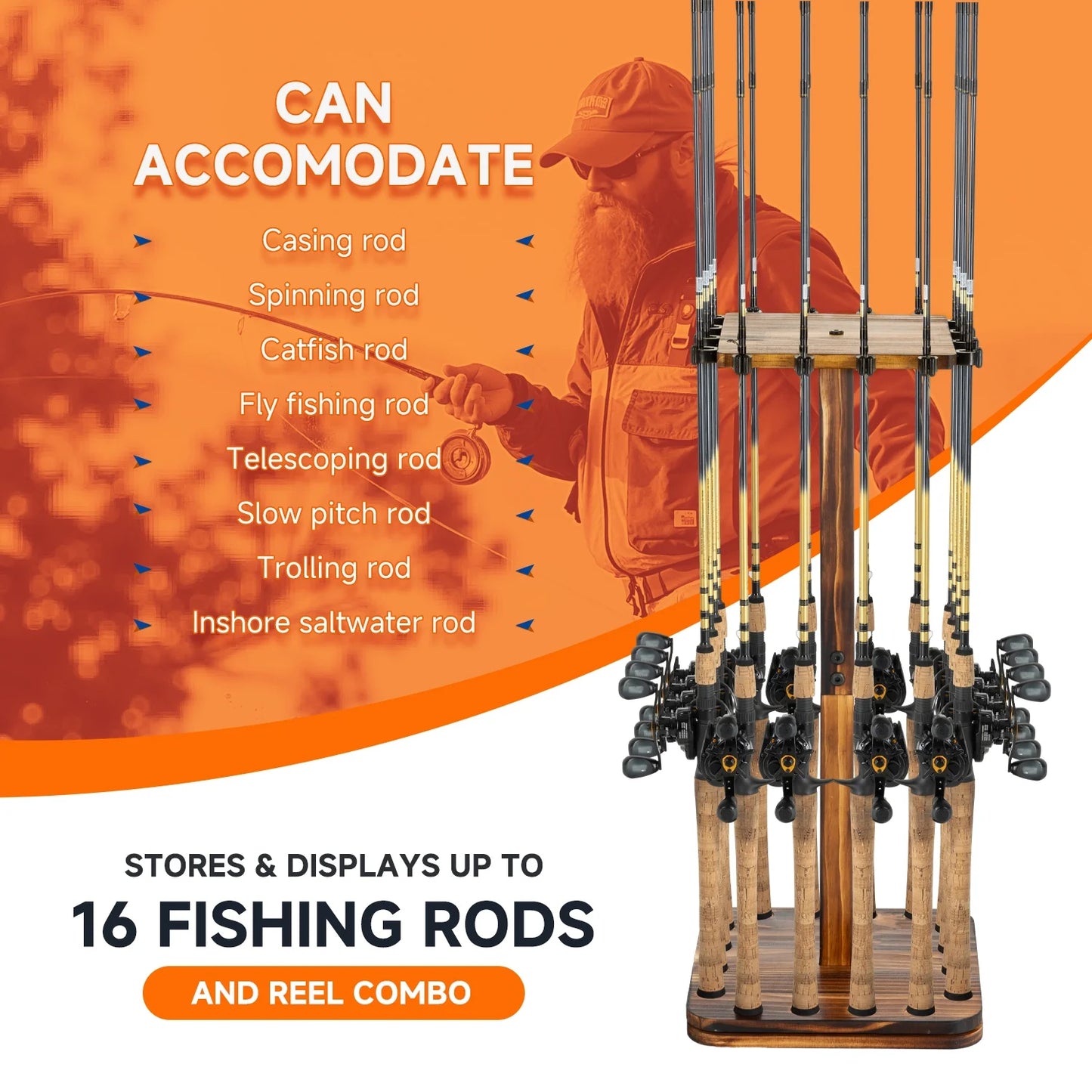 Wooden Fishing Rod Rack Organizer, 360° Rotating Storage Holder for 16 Rods