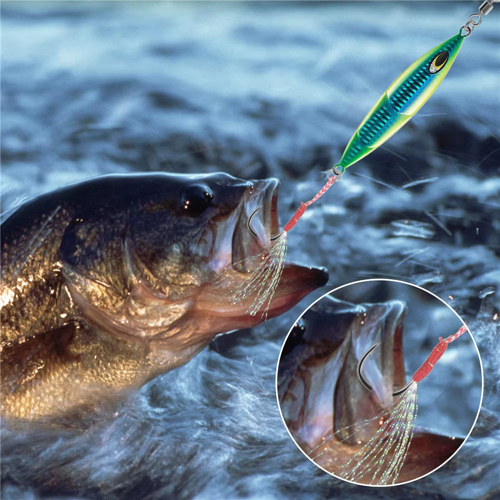 50PCS Assist Hooks for Slow Jigging – Barbed Metal Fishhooks with Teaser Feather for Saltwater Fishing