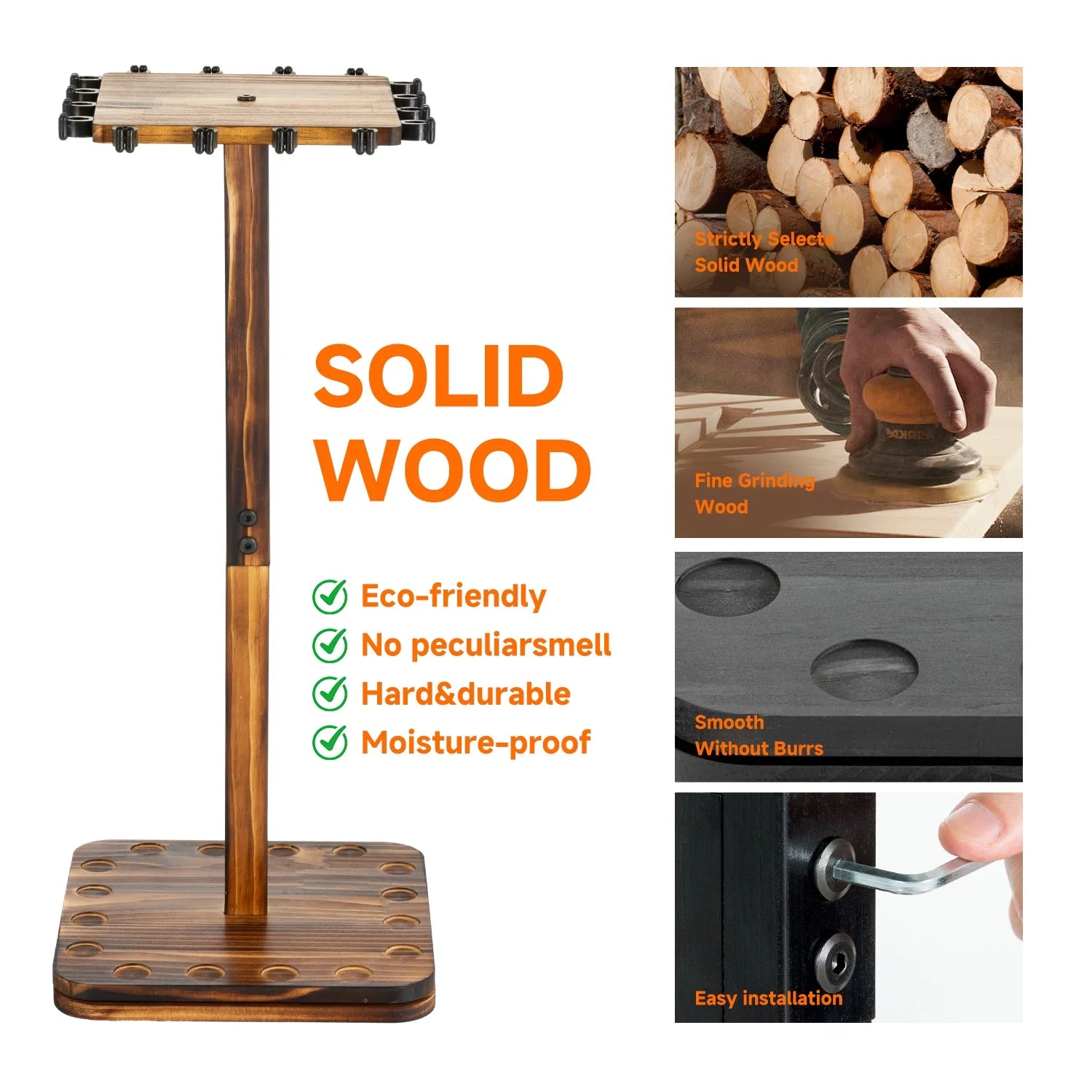 Wooden Fishing Rod Rack Organizer, 360° Rotating Storage Holder for 16 Rods