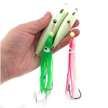 1Pcs Inchiku Jig Lures 40G-200G Slow Metal Jig Luminous Squid Hook, Saltwater Fishing for Kingfish Snapper Grouper