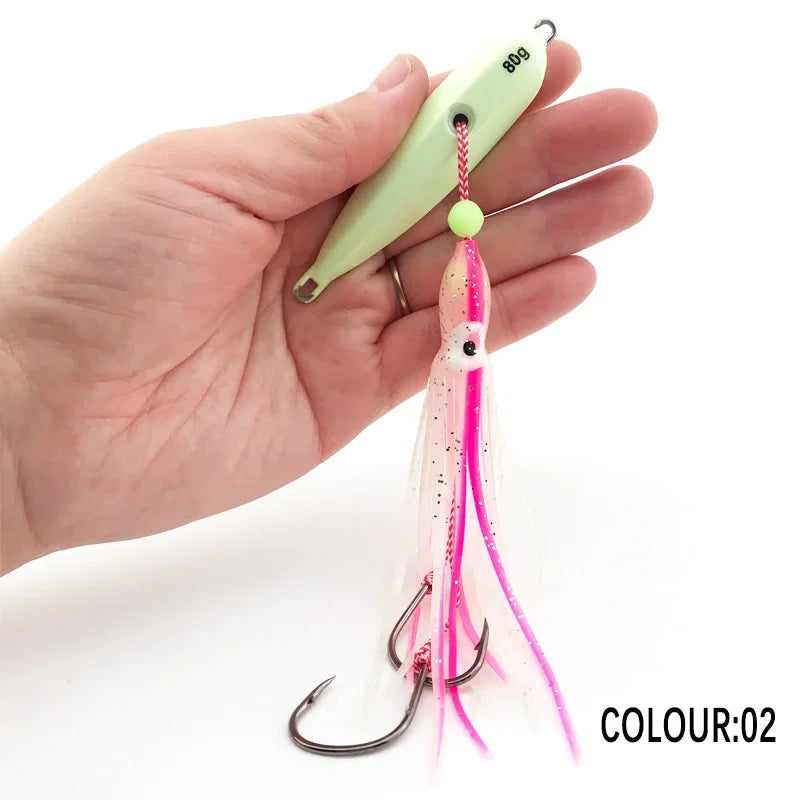 1Pcs Inchiku Jig Lures 40G-200G Slow Metal Jig Luminous Squid Hook, Saltwater Fishing for Kingfish Snapper Grouper