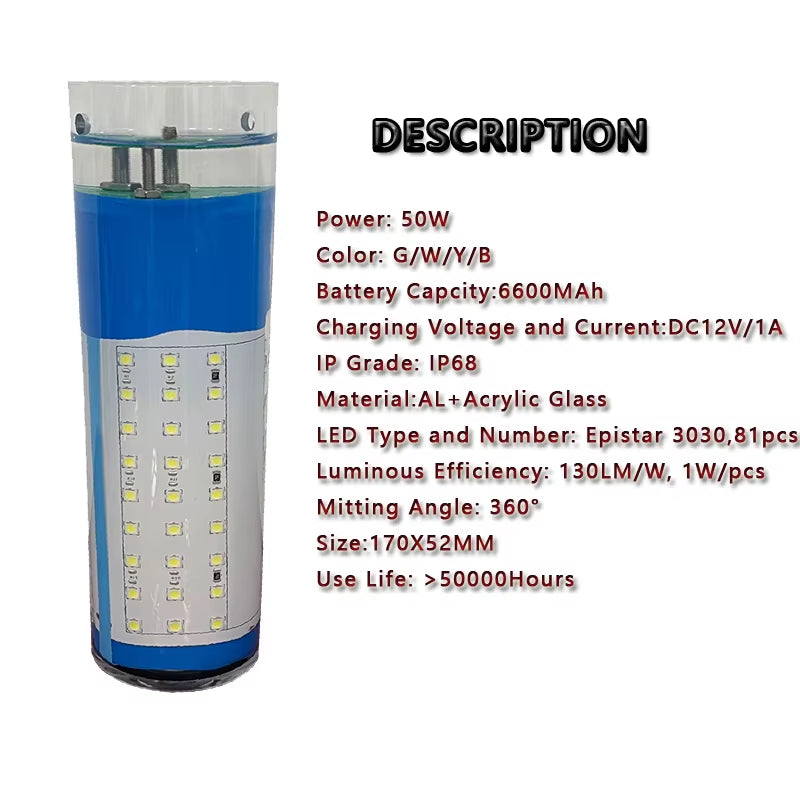 30W/50W Rechargeable Wireless LED Underwater Fishing Light – Green/White for Saltwater