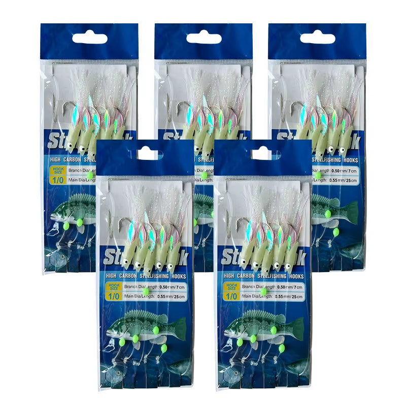 5-Hook Sabiki Rigs – Glow-in-the-Dark Saltwater Bait Rigs with Real Fish Skin for Mackerel and Other Game Fish