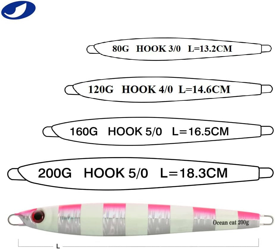 1PC Slow Fall Pitch Fishing Lure – Sinking Lead Metal Flat Jig with Hook for Saltwater Fishing, 4 Colors, 160g/200g