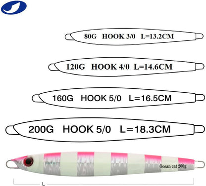 1PC Slow Fall Pitch Fishing Lure – Sinking Lead Metal Flat Jig with Hook for Saltwater Fishing, 4 Colors, 160g/200g