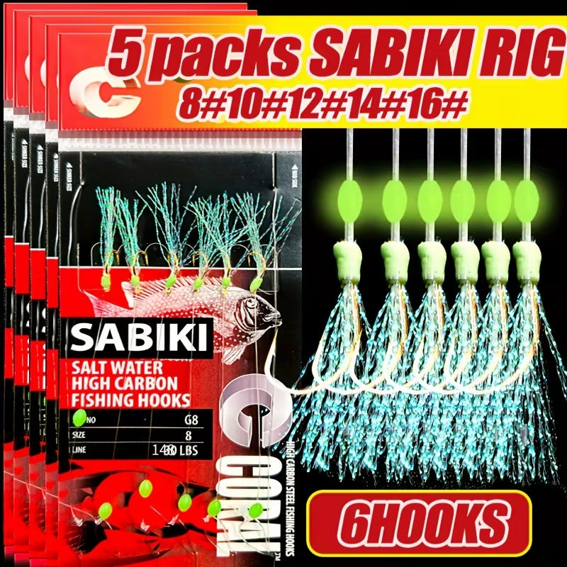 1-5 Packs Sabiki Fishing Rigs – Luminous Bait Rigs with High Carbon Hooks for Freshwater & Saltwater