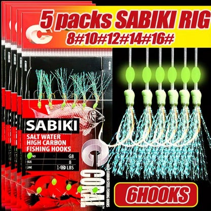 1-5 Packs Sabiki Fishing Rigs – Luminous Bait Rigs with High Carbon Hooks for Freshwater & Saltwater